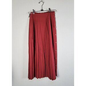 Shelly Walsh Vintage Red Wool Pleated Maxi Skirt Size 4 with Side Button Detail